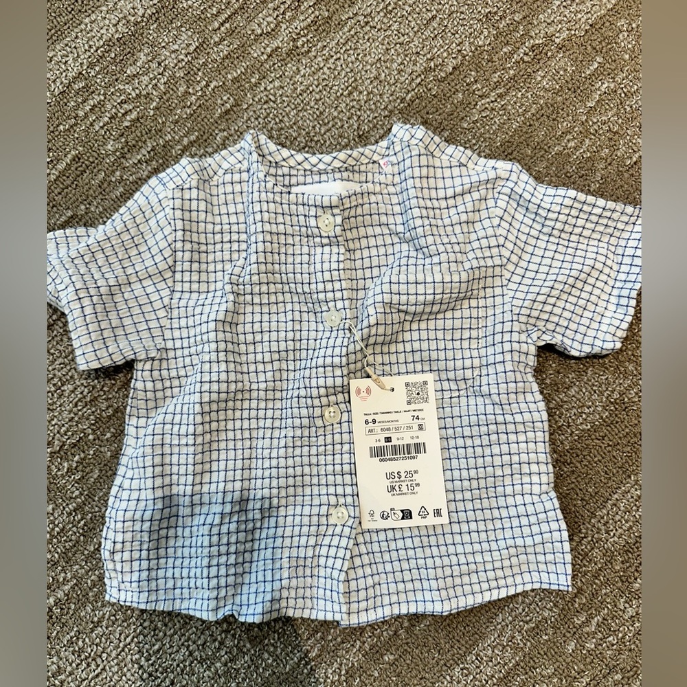 Zara Baby 6-9 Months Blue and White Checkered Botton down shirt